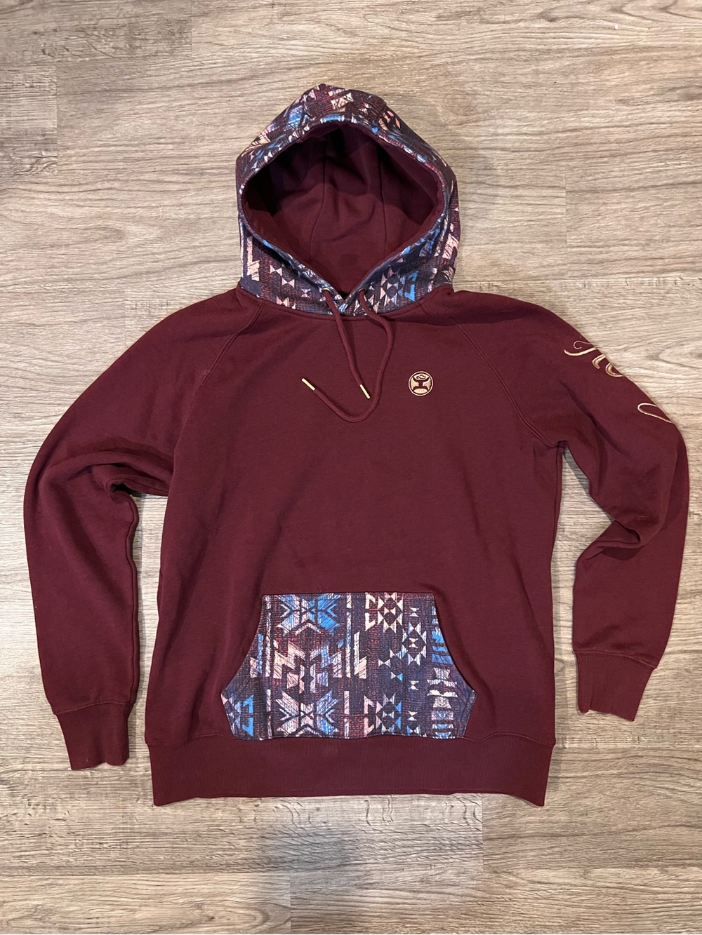 Hooey Veracruz Maroon hoodie featuring an Aztec print on the hood and pocket